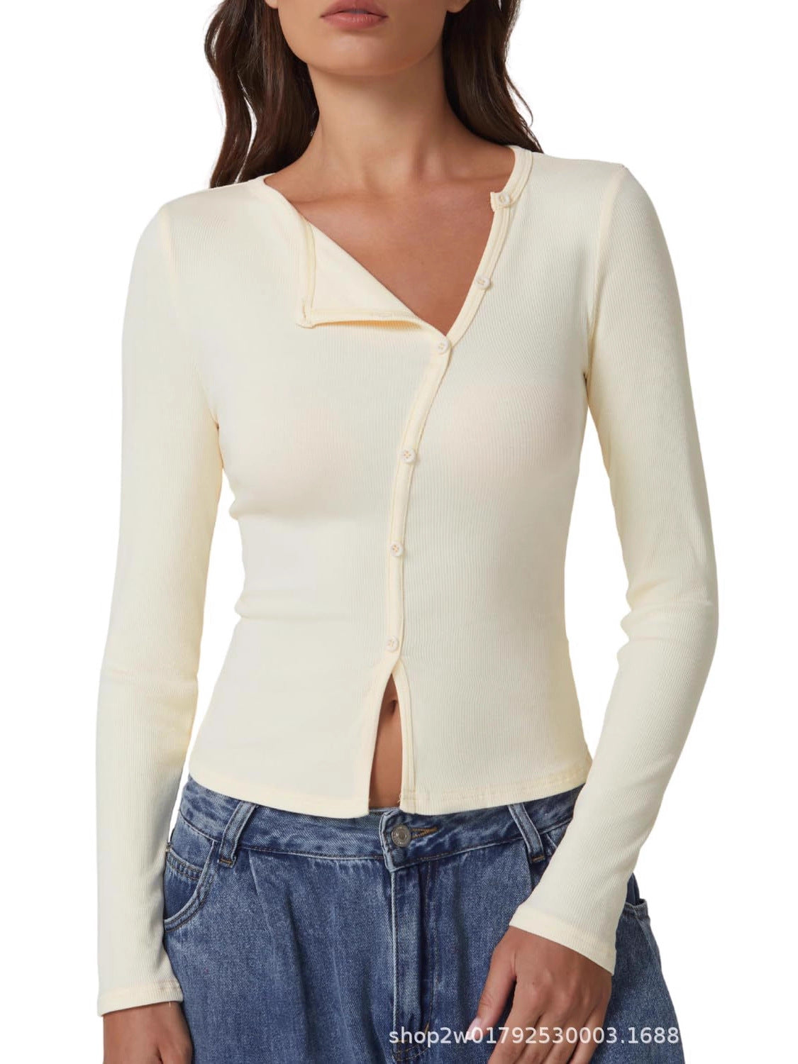 Women's long-sleeved ribbed crew neck shirt