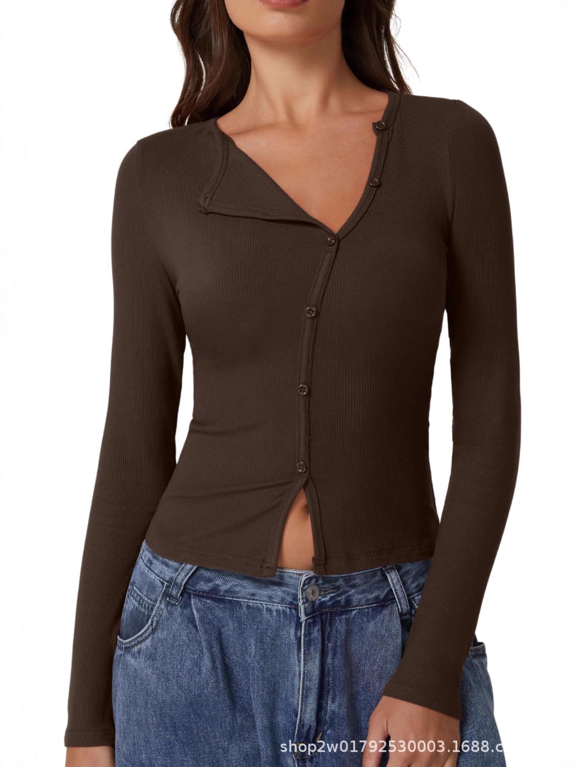 Women's long-sleeved ribbed crew neck shirt