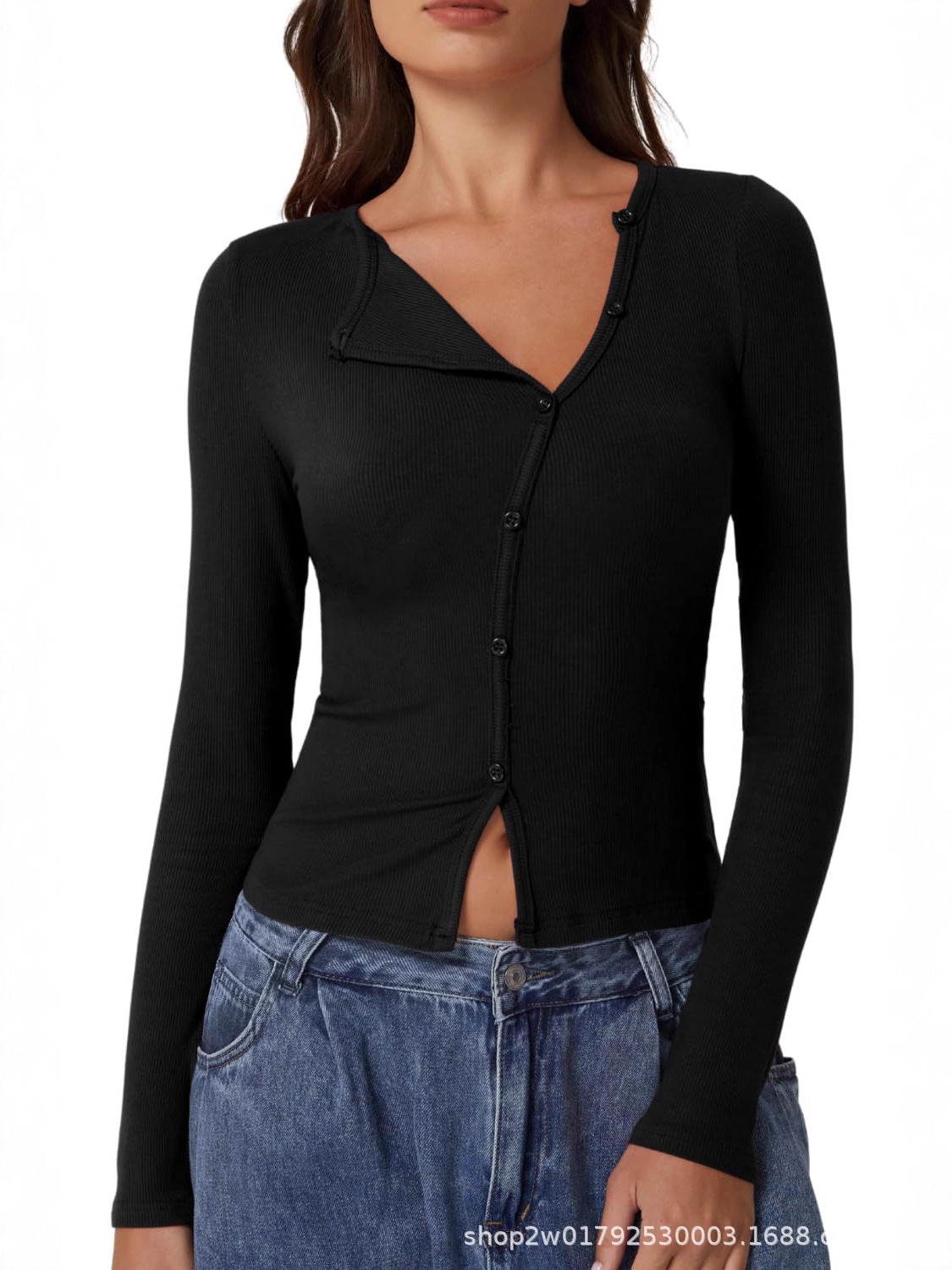Women's long-sleeved ribbed crew neck shirt