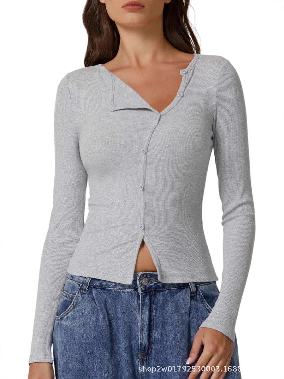 Women's long-sleeved ribbed crew neck shirt