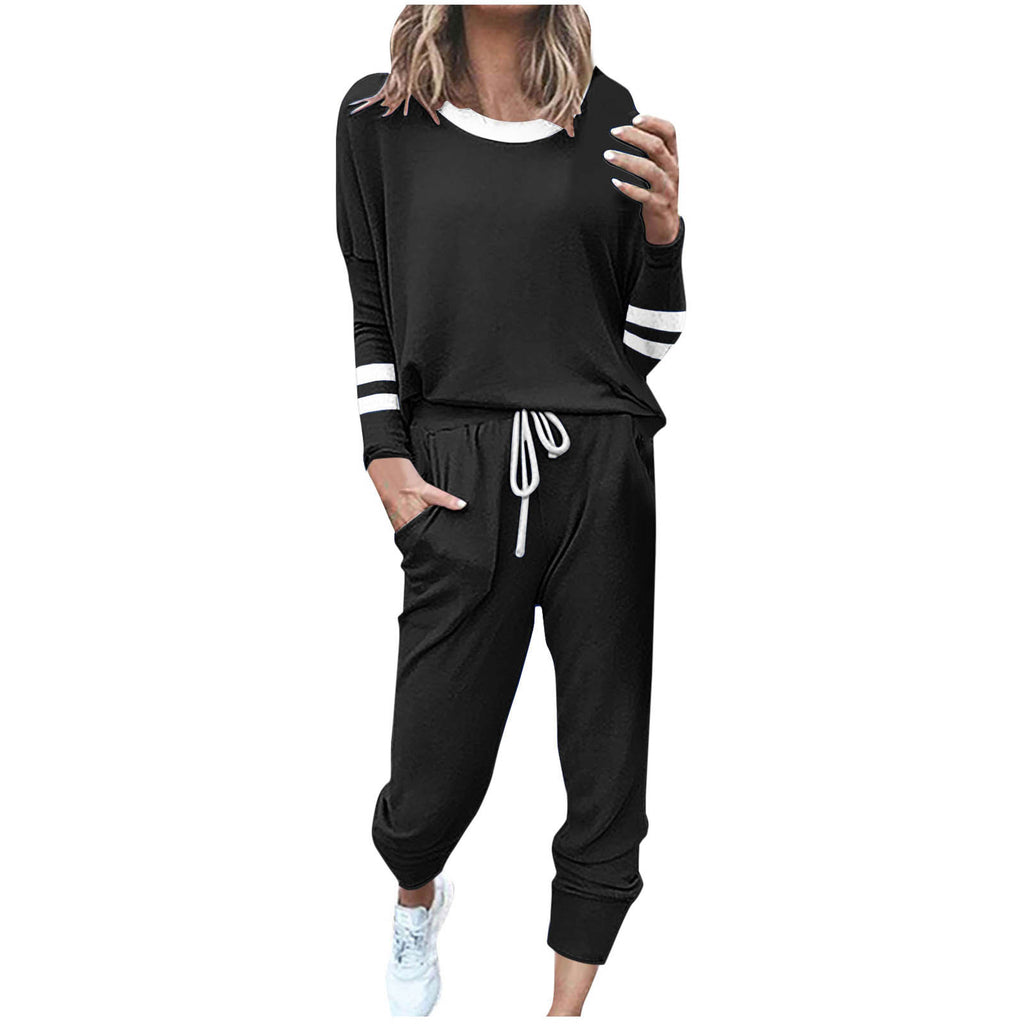 Stylish Loose-fitting Color-blocked Long-Sleeved Crew Neck Drawstring Sports Suit