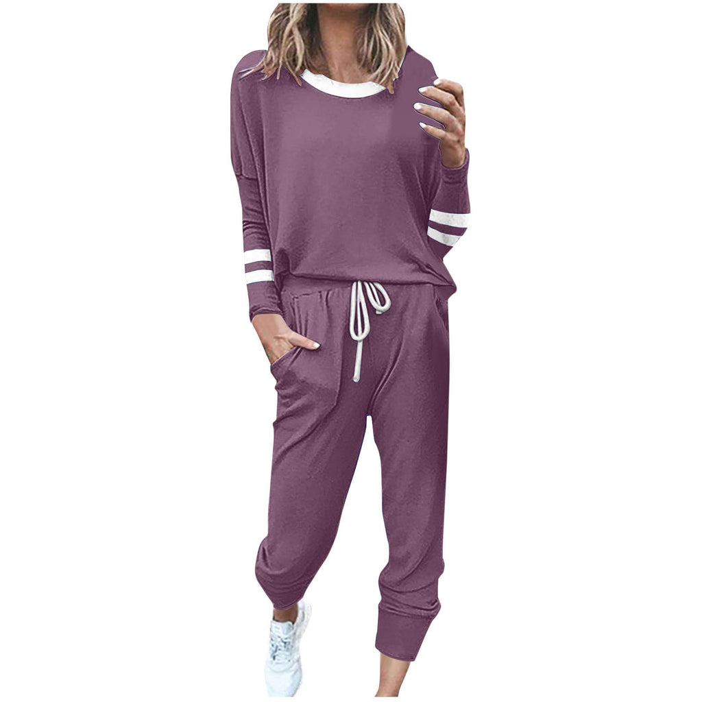 Stylish Loose-fitting Color-blocked Long-Sleeved Crew Neck Drawstring Sports Suit
