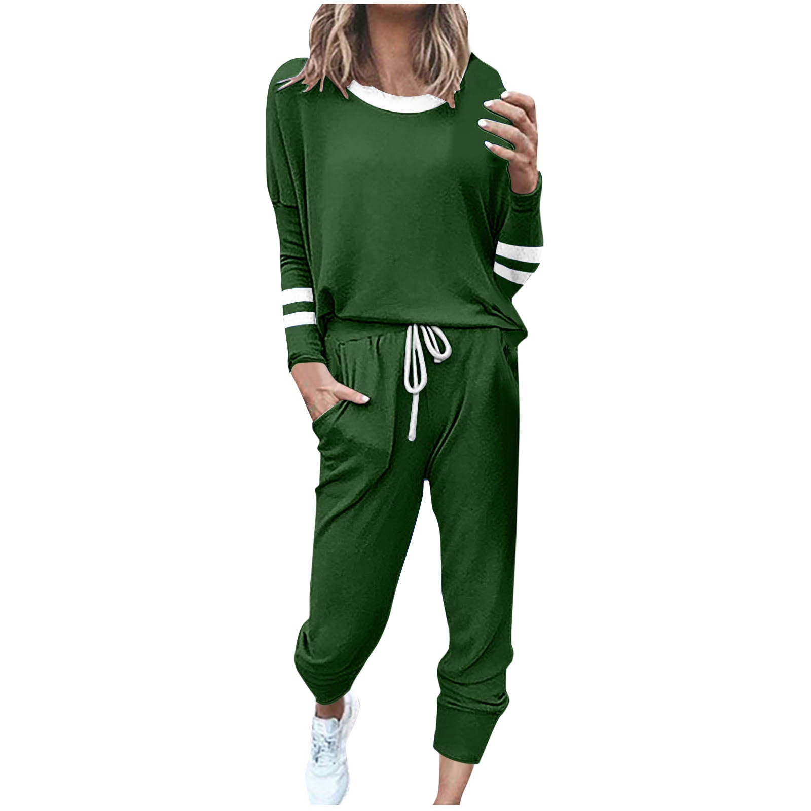 Stylish Loose-fitting Color-blocked Long-Sleeved Crew Neck Drawstring Sports Suit