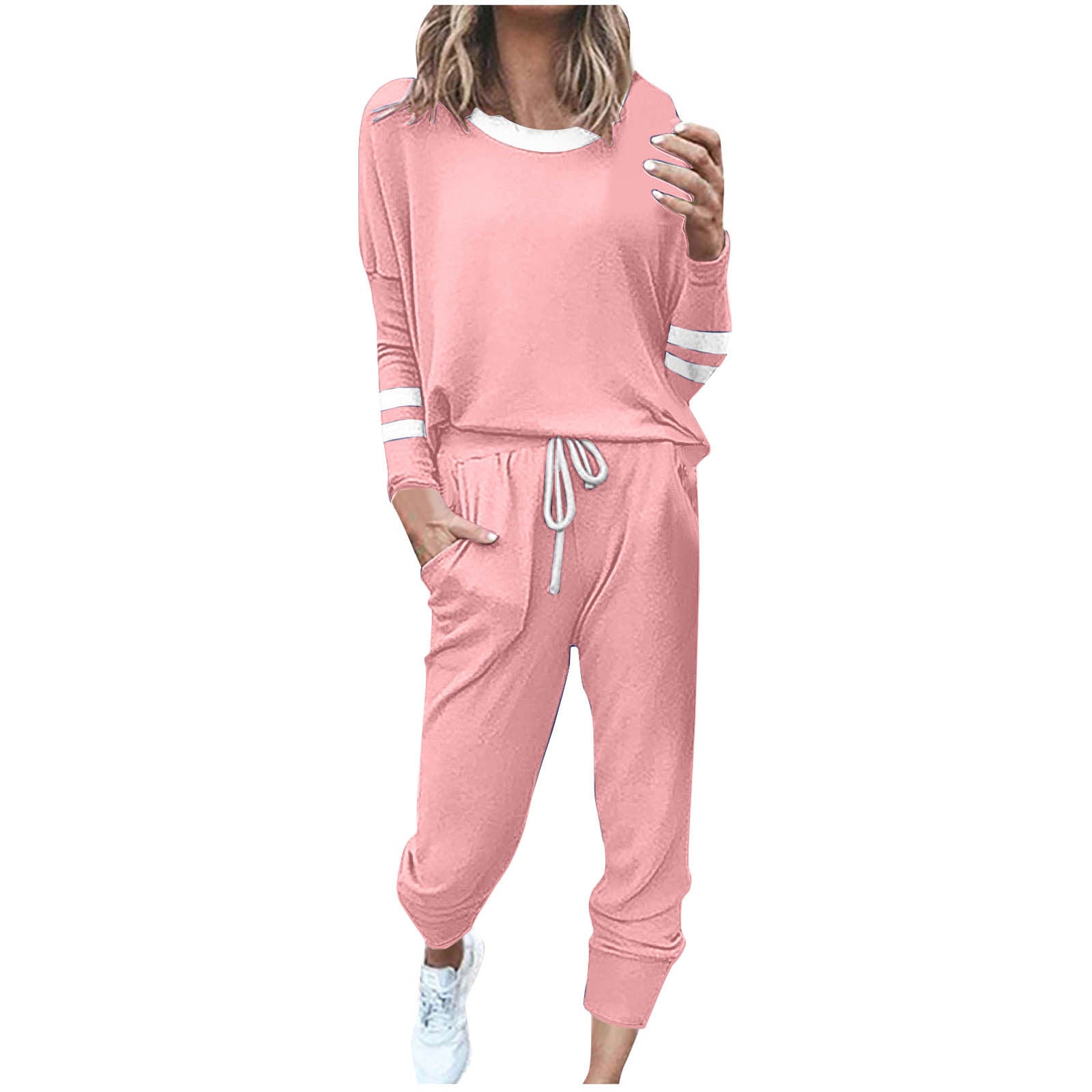 Stylish Loose-fitting Color-blocked Long-Sleeved Crew Neck Drawstring Sports Suit