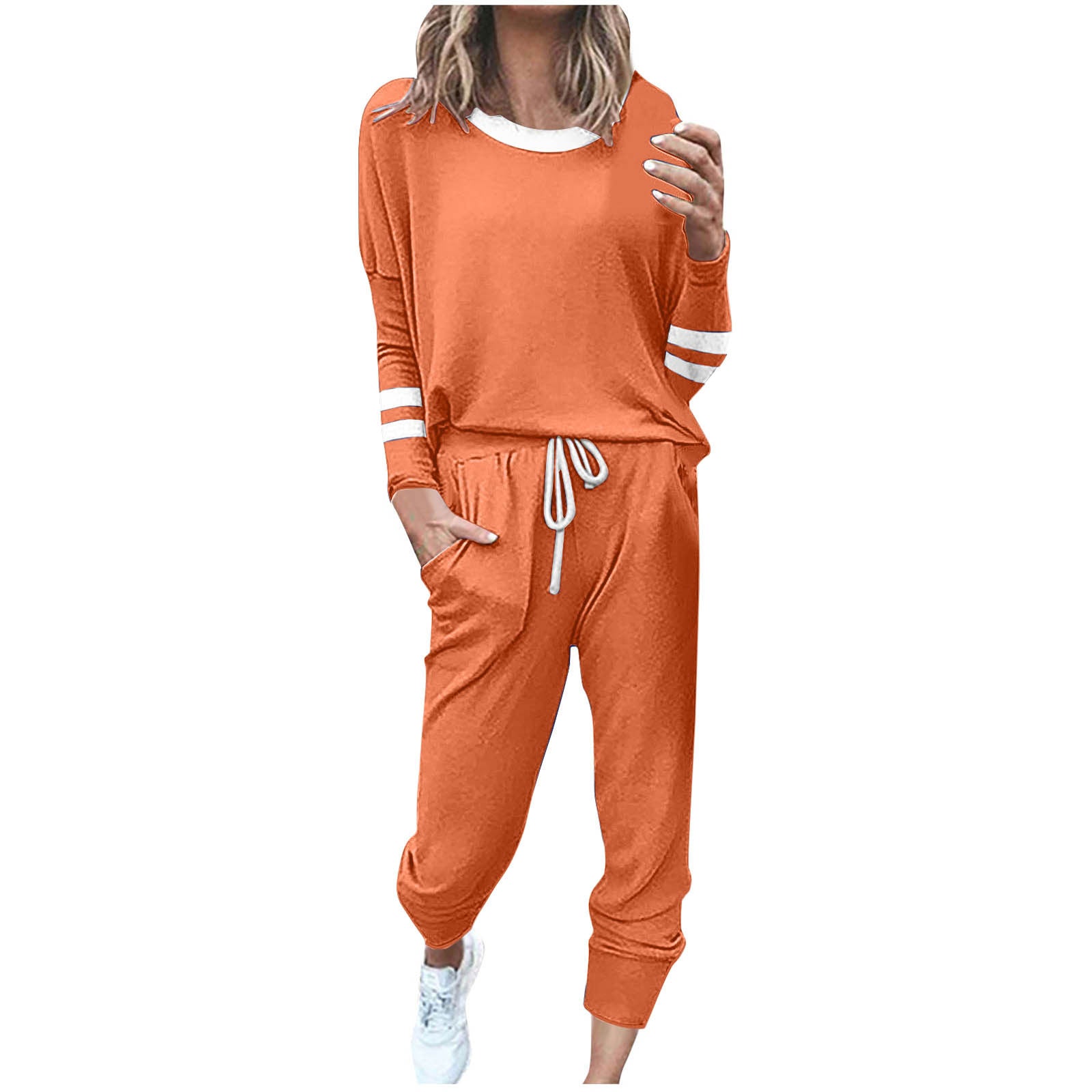 Stylish Loose-fitting Color-blocked Long-Sleeved Crew Neck Drawstring Sports Suit