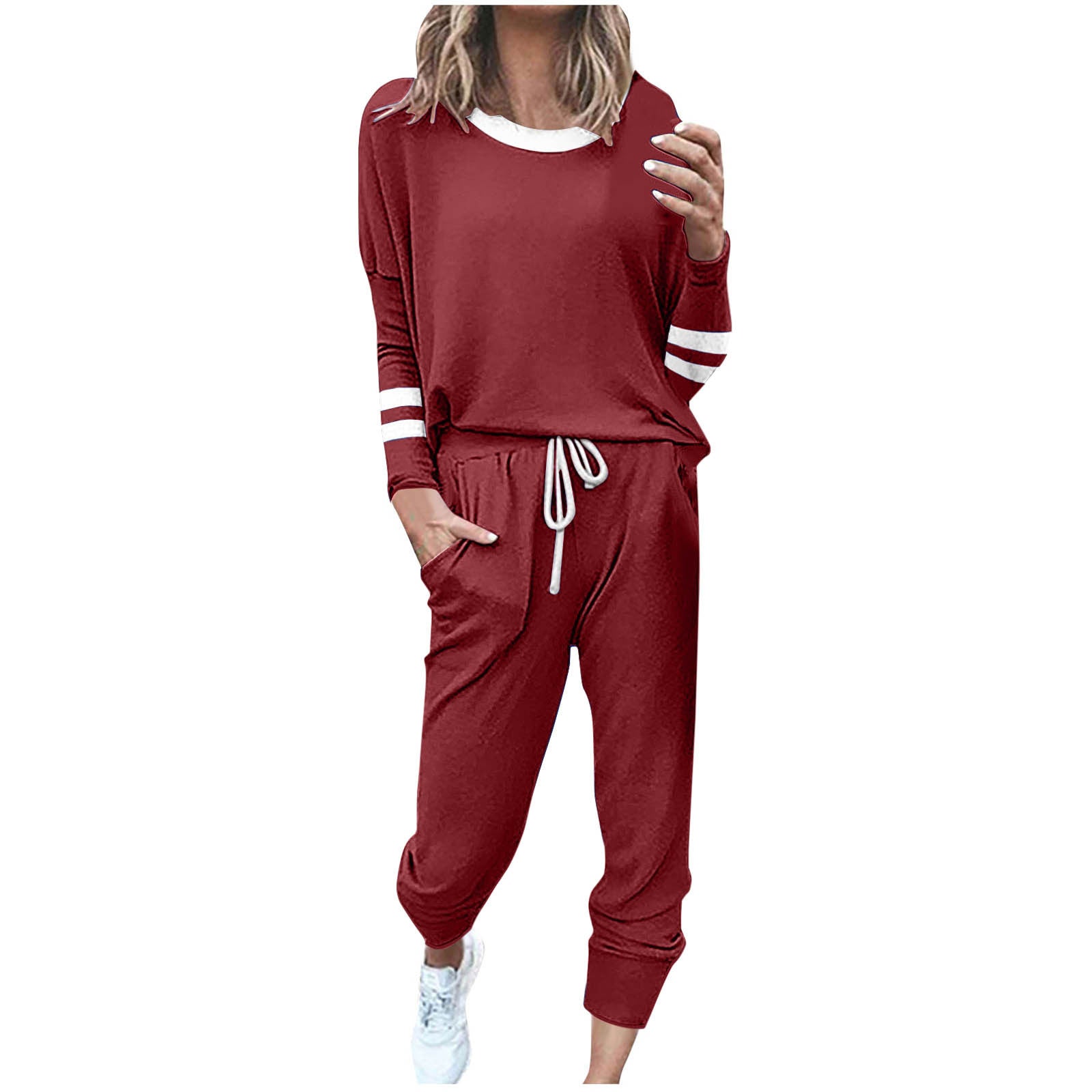 Stylish Loose-fitting Color-blocked Long-Sleeved Crew Neck Drawstring Sports Suit