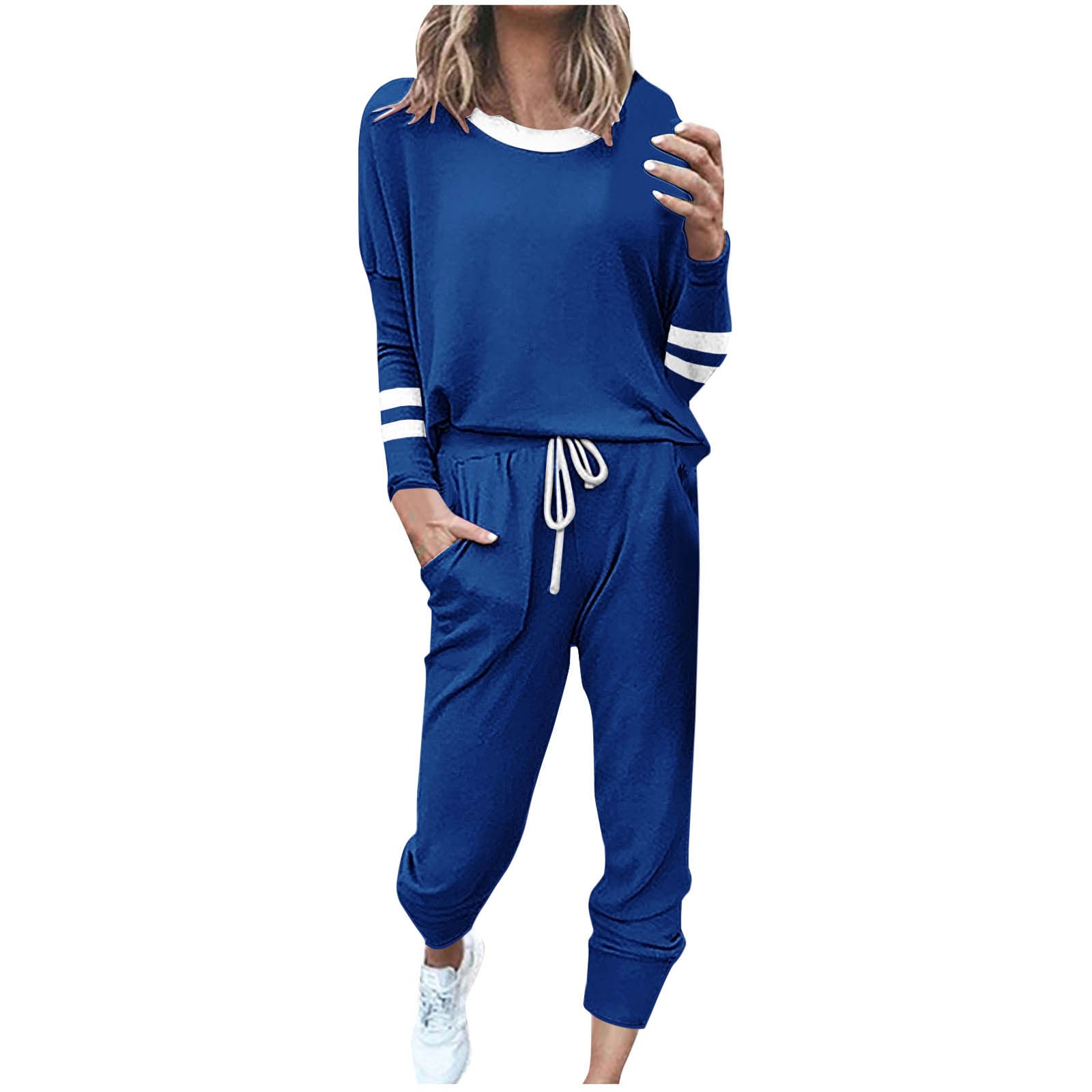 Stylish Loose-fitting Color-blocked Long-Sleeved Crew Neck Drawstring Sports Suit
