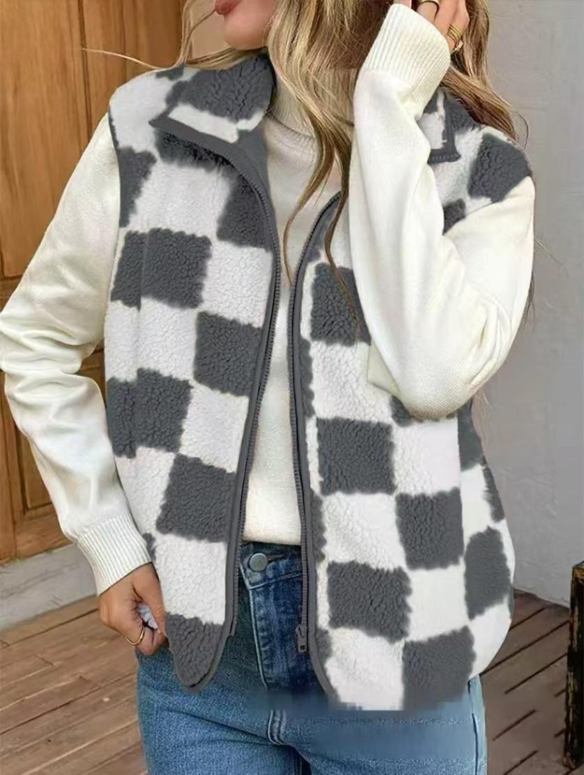 Checkered Vest Zipper Cardigan