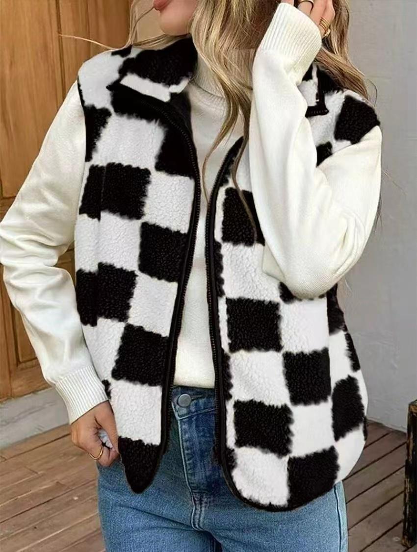 Checkered Vest Zipper Cardigan