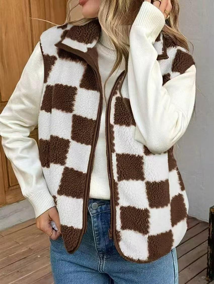 Checkered Vest Zipper Cardigan