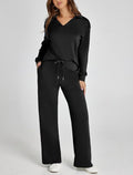V-neck long-sleeved top with drawstring waist and flared pants set