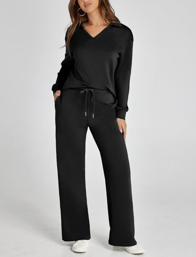 V-neck long-sleeved top with drawstring waist and flared pants set