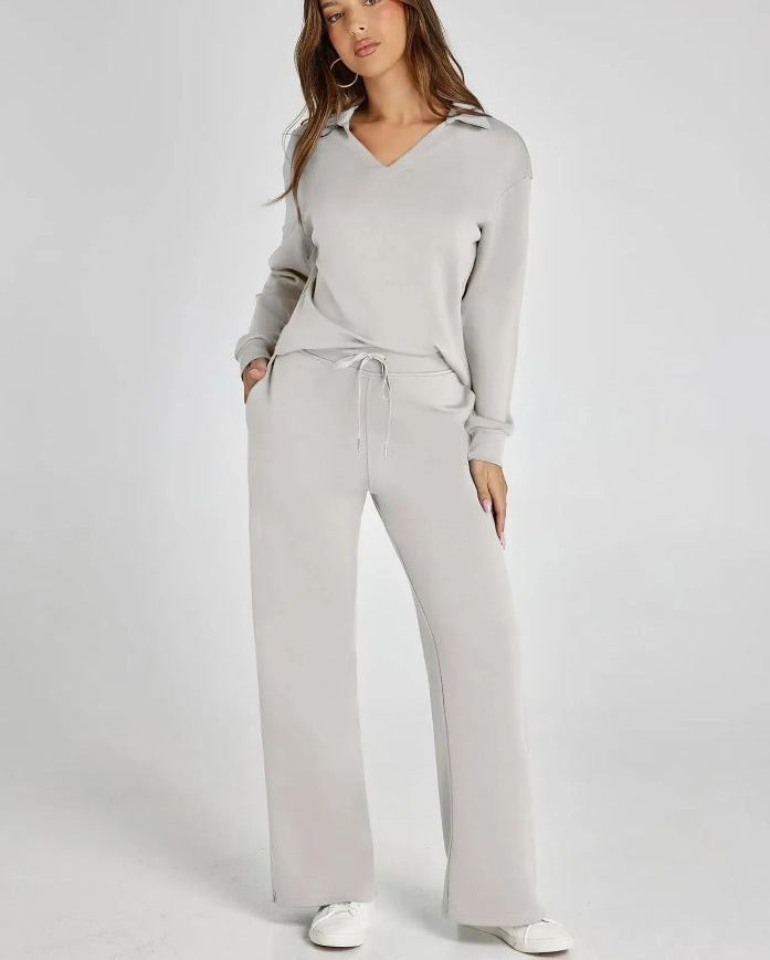 V-neck long-sleeved top with drawstring waist and flared pants set