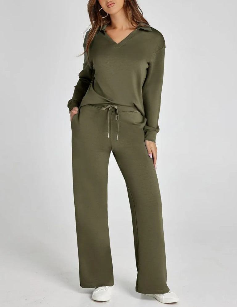 V-neck long-sleeved top with drawstring waist and flared pants set
