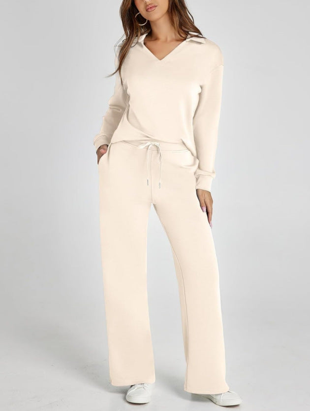 V-neck long-sleeved top with drawstring waist and flared pants set