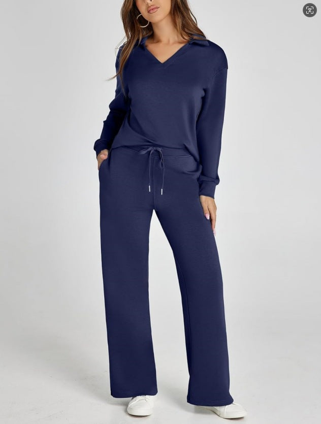 V-neck long-sleeved top with drawstring waist and flared pants set