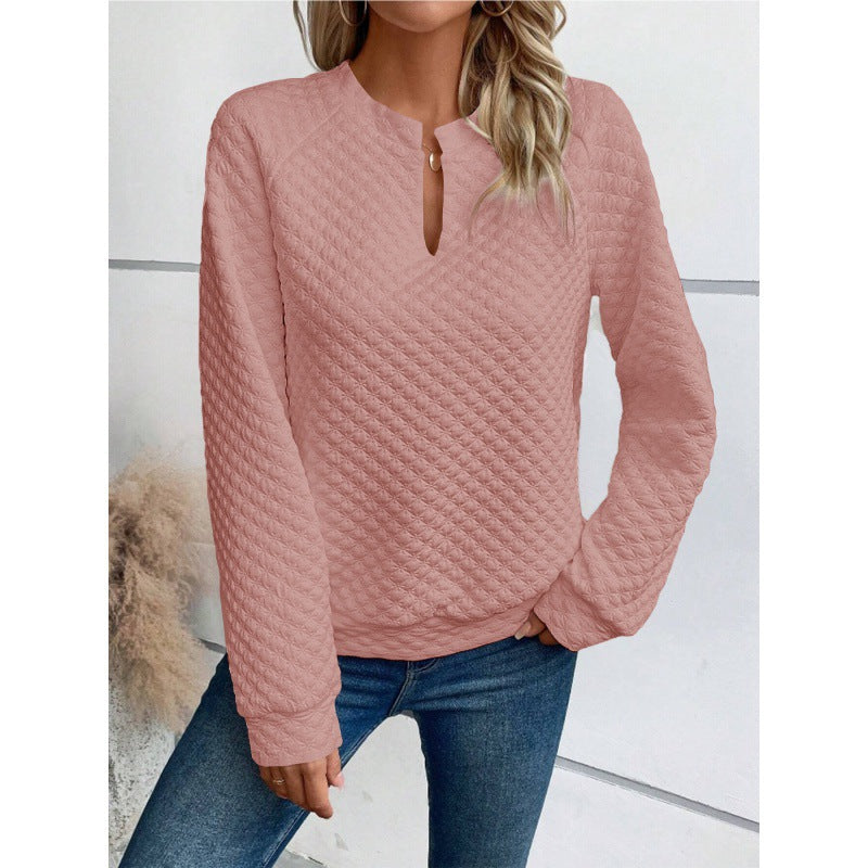 Solid color deep V-neck long-sleeved casual sweatshirt
