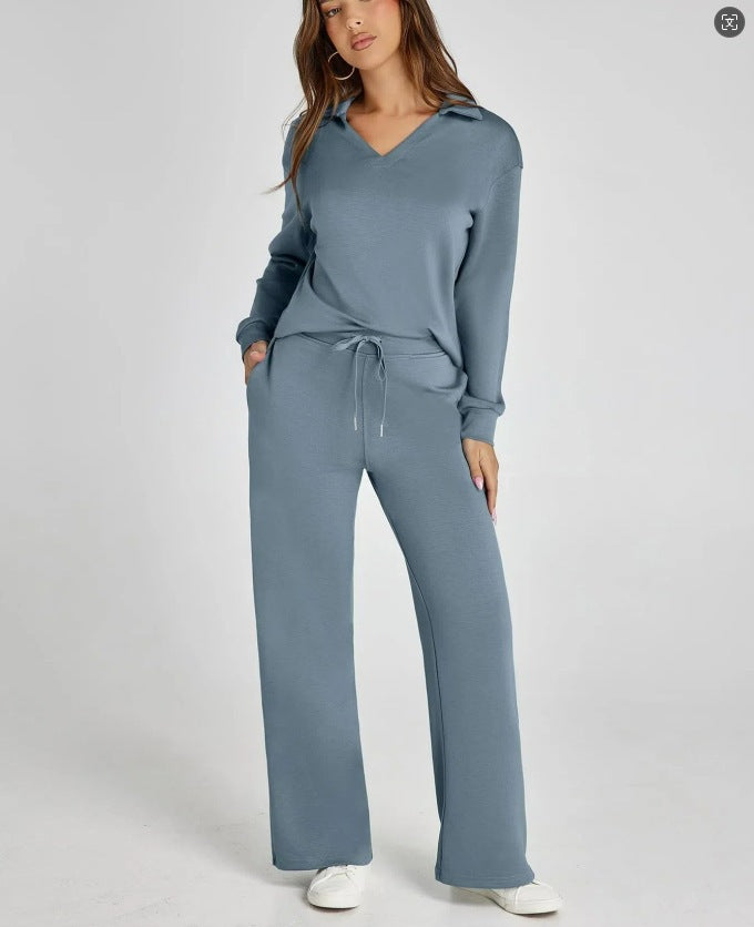 V-neck long-sleeved top with drawstring waist and flared pants set