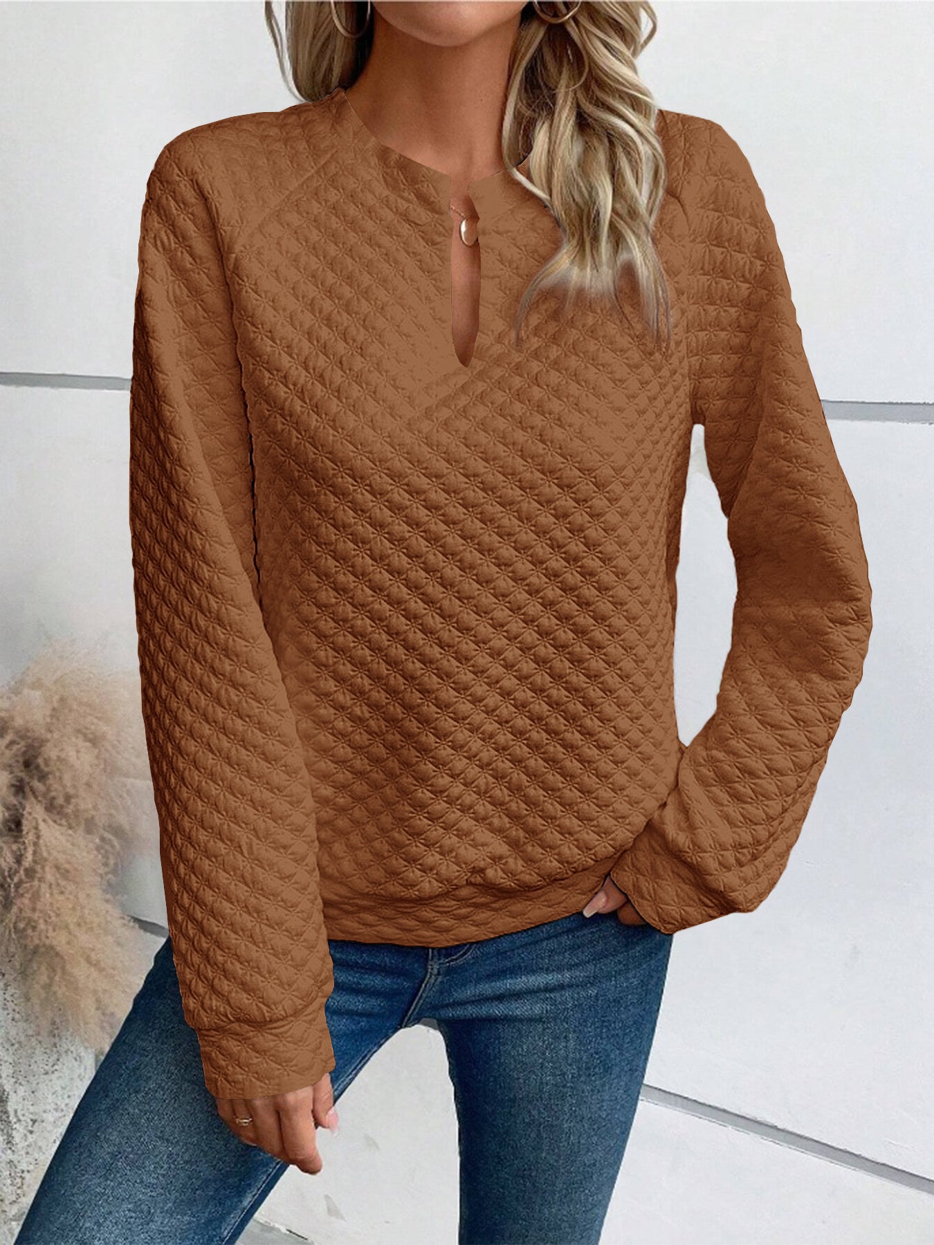 Solid color deep V-neck long-sleeved casual sweatshirt
