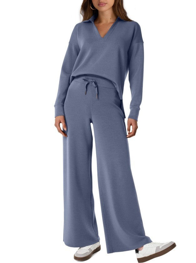 V-neck long-sleeved top with drawstring waist and flared pants set