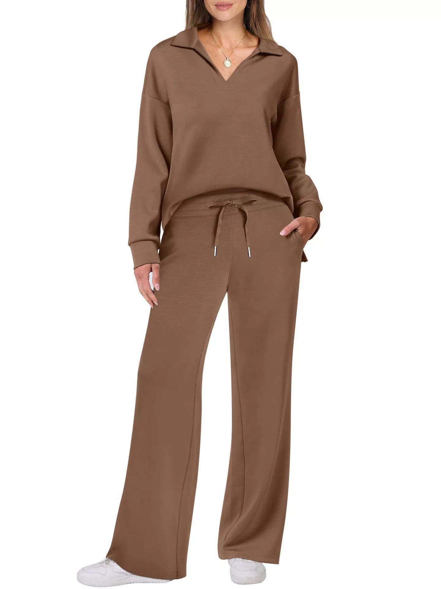 V-neck long-sleeved top with drawstring waist and flared pants set