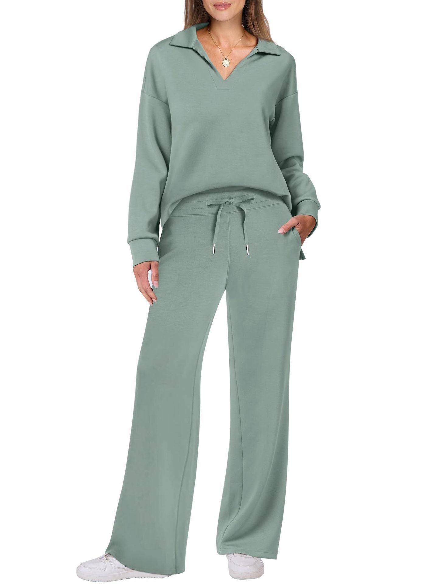 V-neck long-sleeved top with drawstring waist and flared pants set