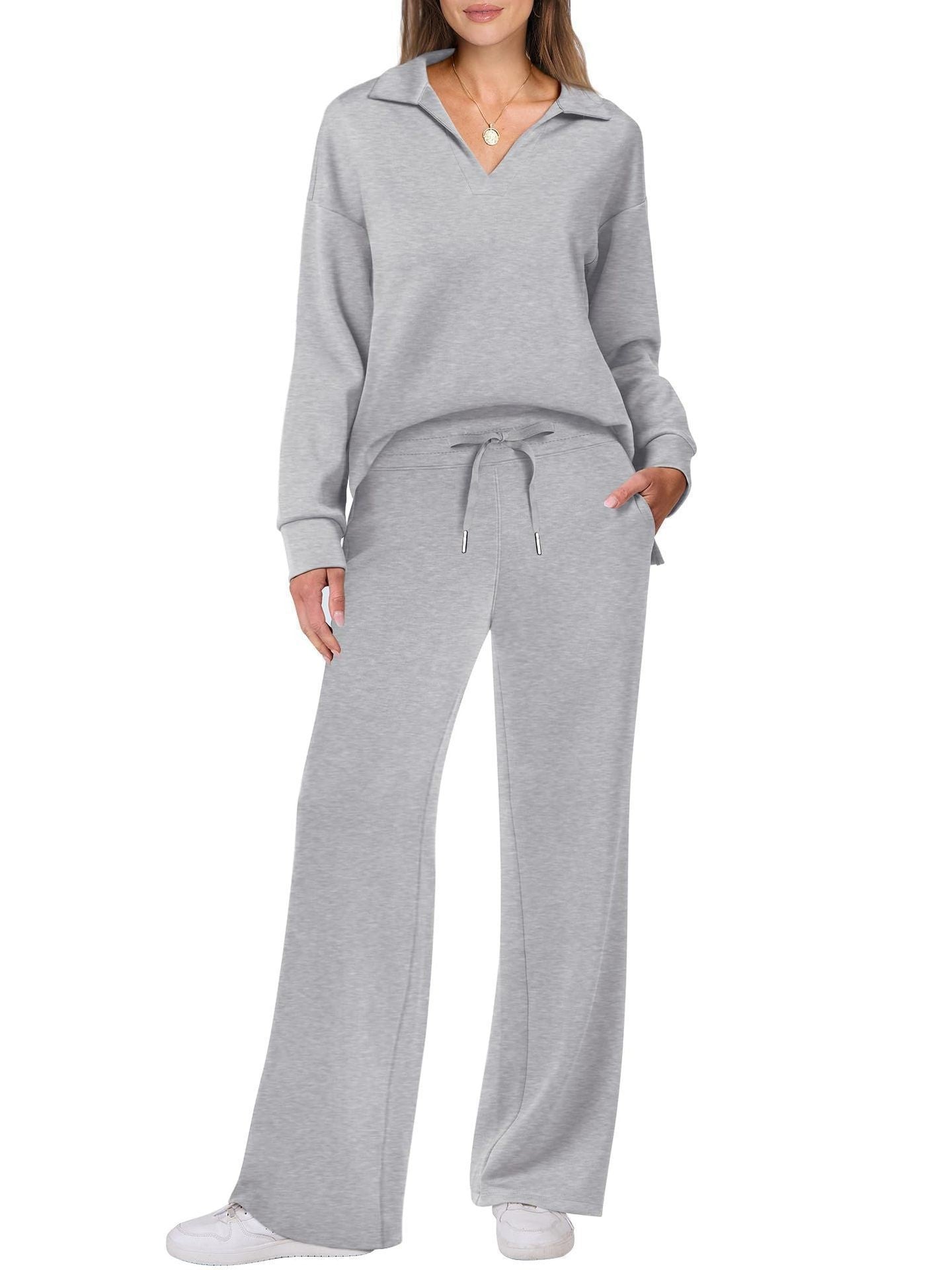 V-neck long-sleeved top with drawstring waist and flared pants set