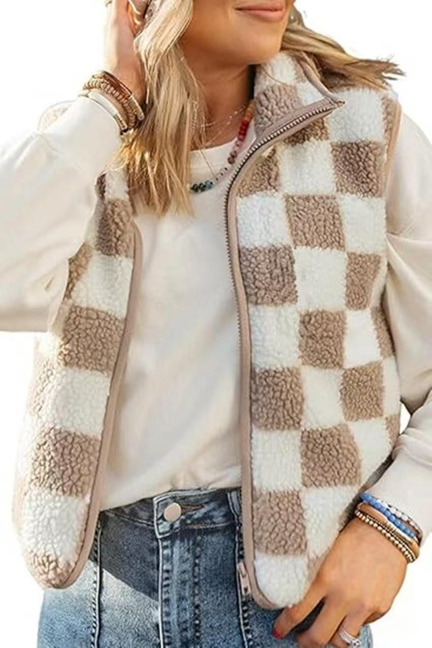 Checkered Vest Zipper Cardigan