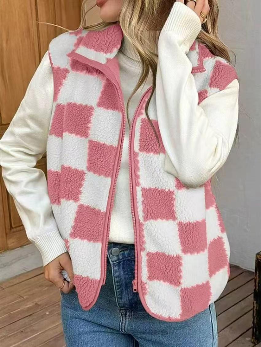 Checkered Vest Zipper Cardigan